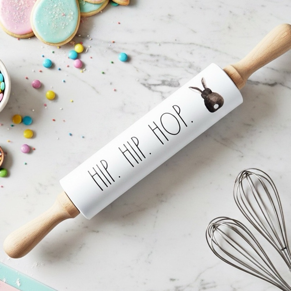 Rae Dunn Hip Hip Hop Bunny Silicone and Wood Rolling Pin Easter Farmhouse Decor - Picture 10 of 10